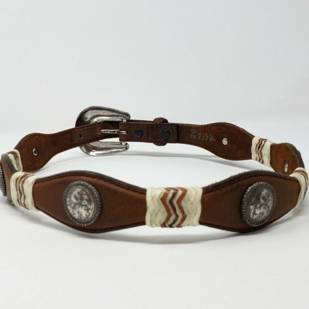 Tony Lama Western Leather Belt Silver Concho Vintage 90s Size 34 Style 7759L